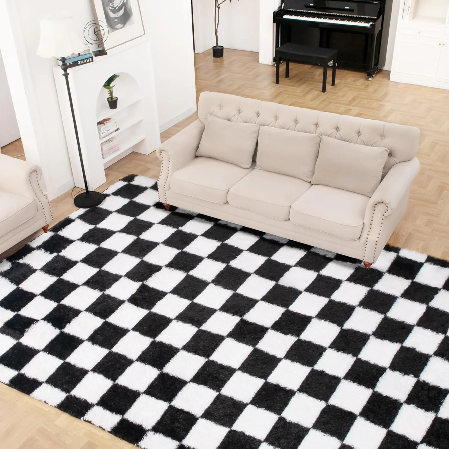 Super Soft Black and White Area Rug, 5x7 Ft Classic Checkered Shaggy High Pile Fluffy Fuzzy Carpet for Bedroom, Living Room, Kids Room, Nursery, Dorm, Home Decor