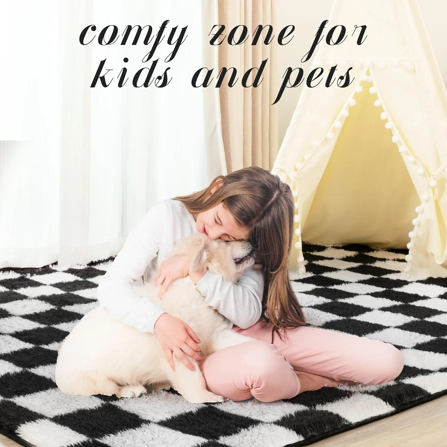 Super Soft Black and White Area Rug, 5x7 Ft Classic Checkered Shaggy High Pile Fluffy Fuzzy Carpet for Bedroom, Living Room, Kids Room, Nursery, Dorm, Home Decor