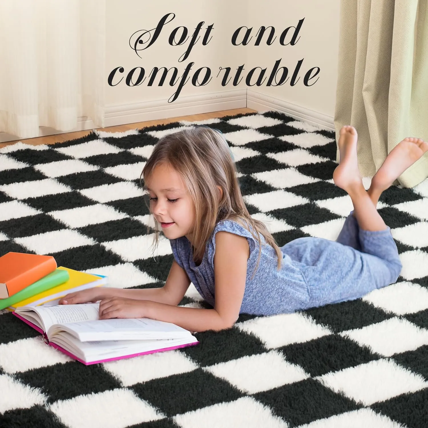 Super Soft Black and White Area Rug, 5x7 Ft Classic Checkered Shaggy High Pile Fluffy Fuzzy Carpet for Bedroom, Living Room, Kids Room, Nursery, Dorm, Home Decor