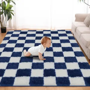 Super Soft Blue and White Area Rug - 5x7 ft Classic Checkered Shaggy High Pile Fluffy Fuzzy Carpet for Bedroom, Living Room, Kids Room, Nursery, Dorm