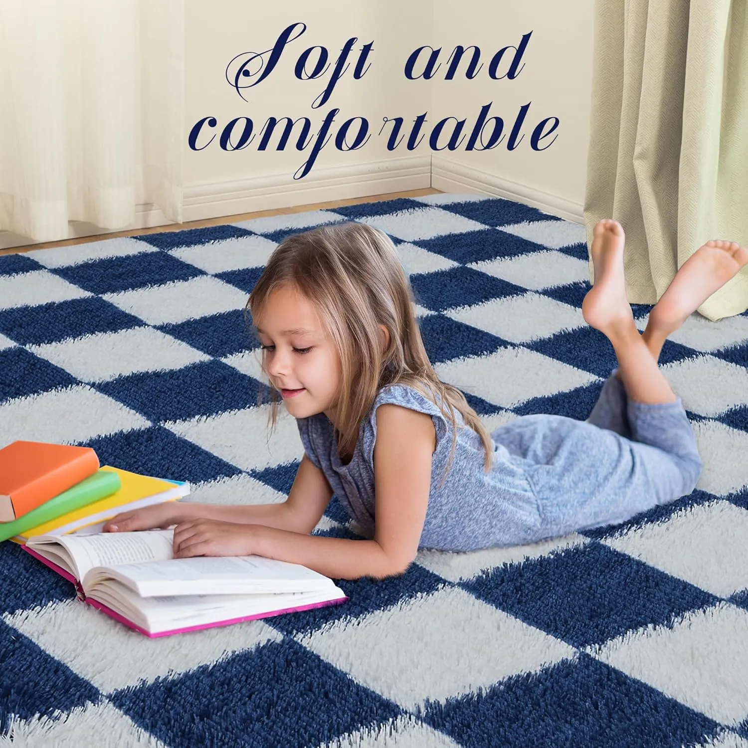 Super Soft Blue and White Area Rug - 5x7 ft Classic Checkered Shaggy High Pile Fluffy Fuzzy Carpet for Bedroom, Living Room, Kids Room, Nursery, Dorm