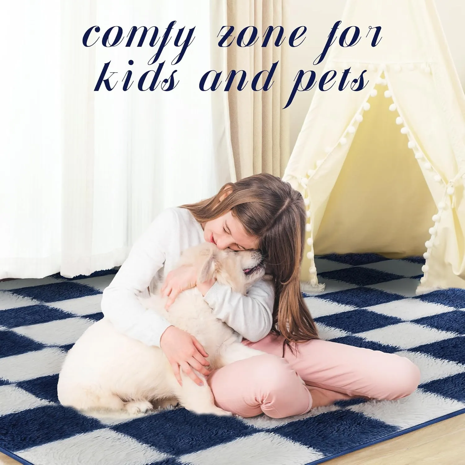Super Soft Blue and White Area Rug - 5x7 ft Classic Checkered Shaggy High Pile Fluffy Fuzzy Carpet for Bedroom, Living Room, Kids Room, Nursery, Dorm