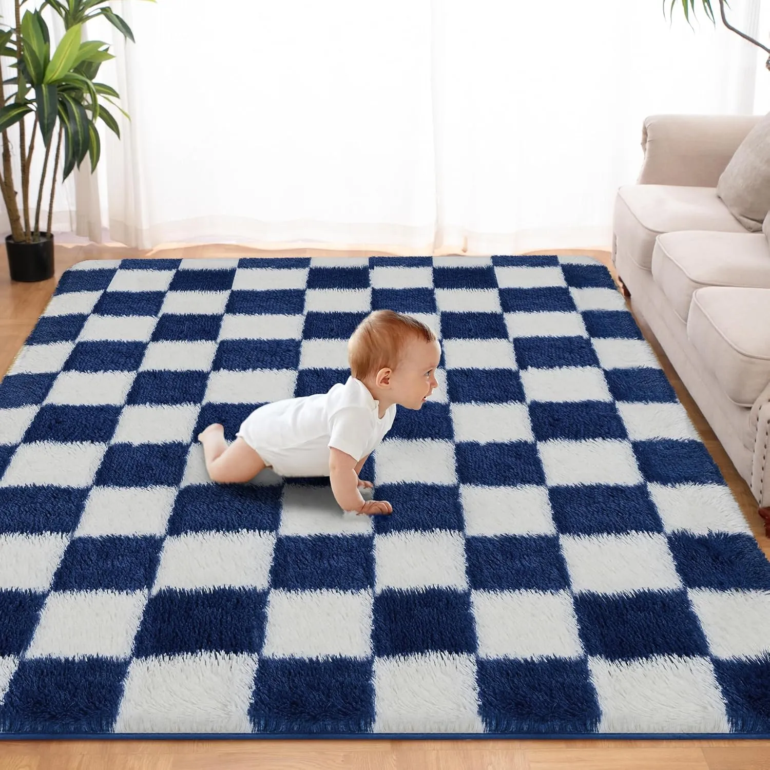 Super Soft Blue and White Area Rug - 5x7 ft Classic Checkered Shaggy High Pile Fluffy Fuzzy Carpet for Bedroom, Living Room, Kids Room, Nursery, Dorm
