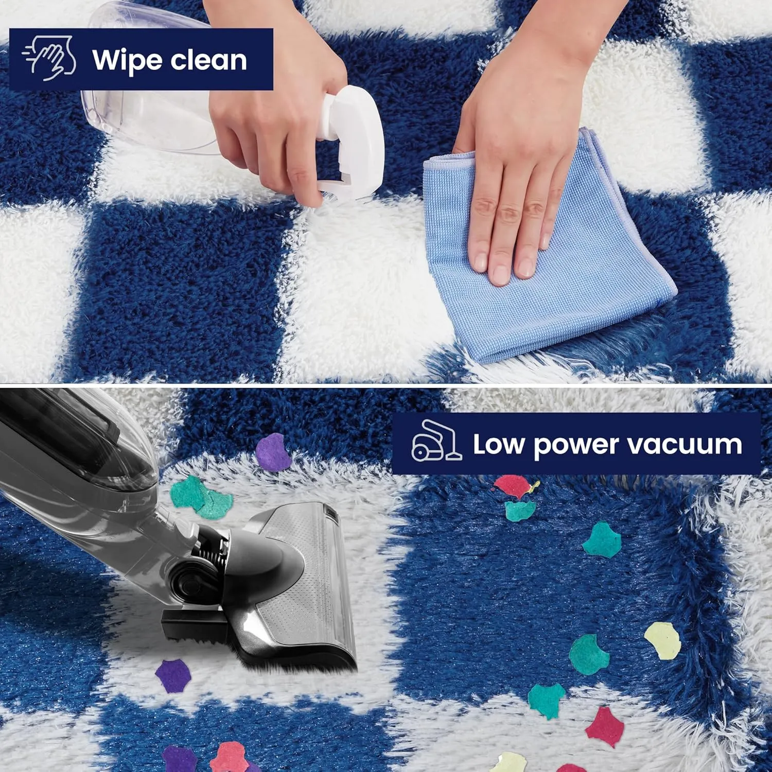 Super Soft Blue and White Area Rug - 5x7 ft Classic Checkered Shaggy High Pile Fluffy Fuzzy Carpet for Bedroom, Living Room, Kids Room, Nursery, Dorm
