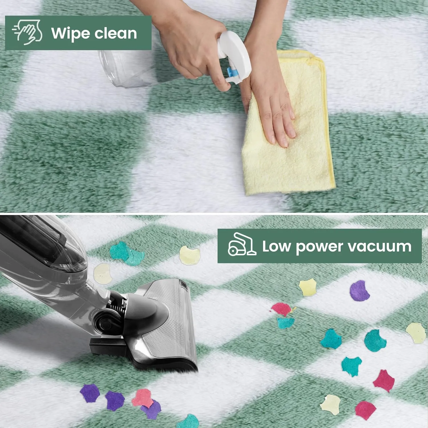 Super Soft Sage Green and White Area Rug, 5x7 ft Classic Checkered Shaggy High Pile Soft Fluffy Fuzzy Carpet for Bedroom, Living Room, Kids Room, Nursery, Dorm