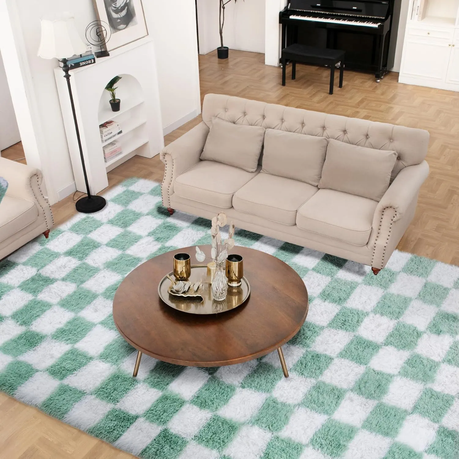 Super Soft Sage Green and White Area Rug, 5x7 ft Classic Checkered Shaggy High Pile Soft Fluffy Fuzzy Carpet for Bedroom, Living Room, Kids Room, Nursery, Dorm