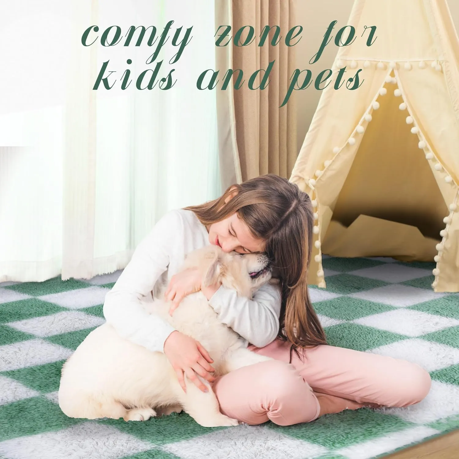 Super Soft Sage Green and White Area Rug, 5x7 ft Classic Checkered Shaggy High Pile Soft Fluffy Fuzzy Carpet for Bedroom, Living Room, Kids Room, Nursery, Dorm