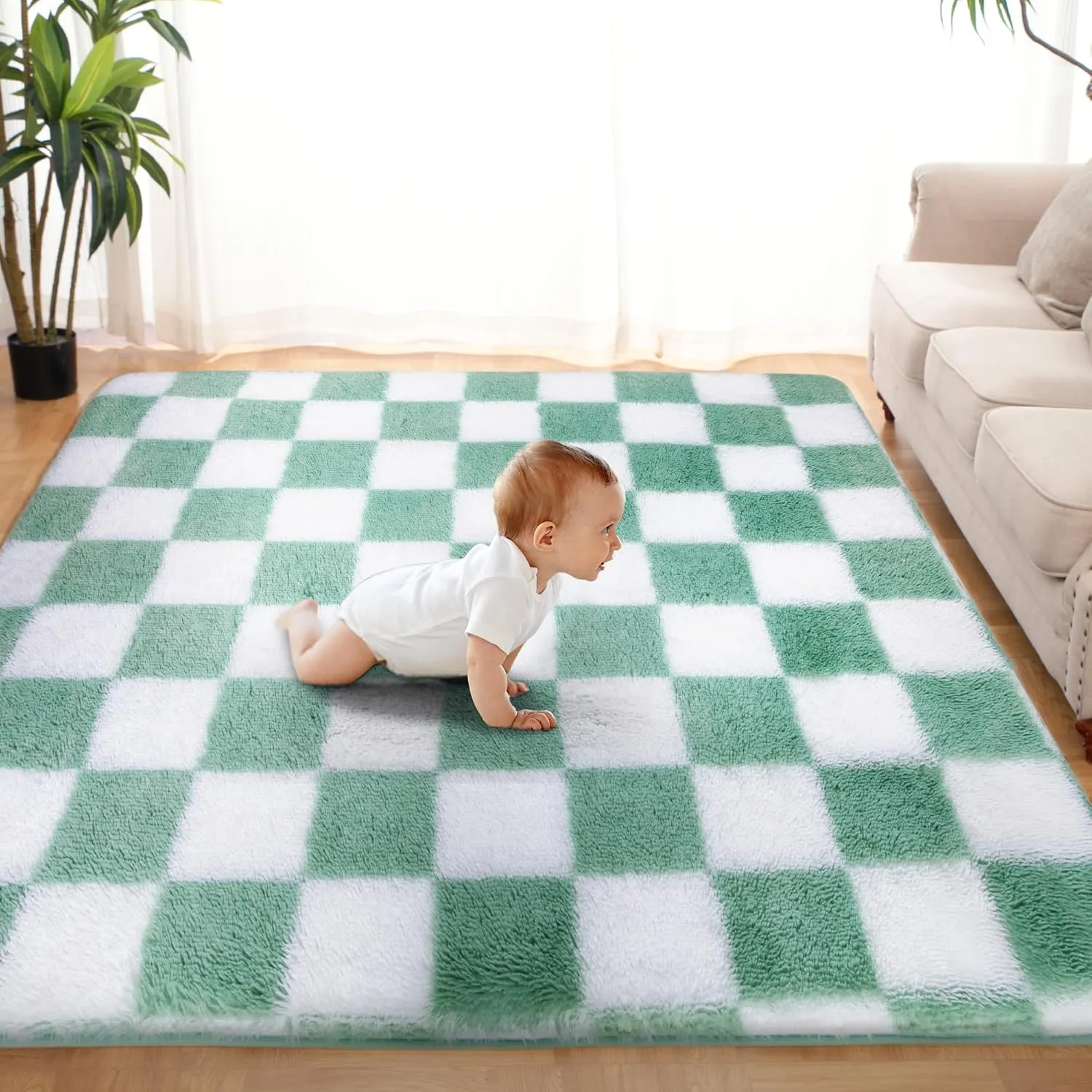 Super Soft Sage Green and White Area Rug, 5x7 ft Classic Checkered Shaggy High Pile Soft Fluffy Fuzzy Carpet for Bedroom, Living Room, Kids Room, Nursery, Dorm