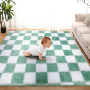 Super Soft Sage Green and White Area Rug, 5x7 ft Classic Checkered Shaggy High Pile Soft Fluffy Fuzzy Carpet for Bedroom, Living Room, Kids Room, Nursery, Dorm