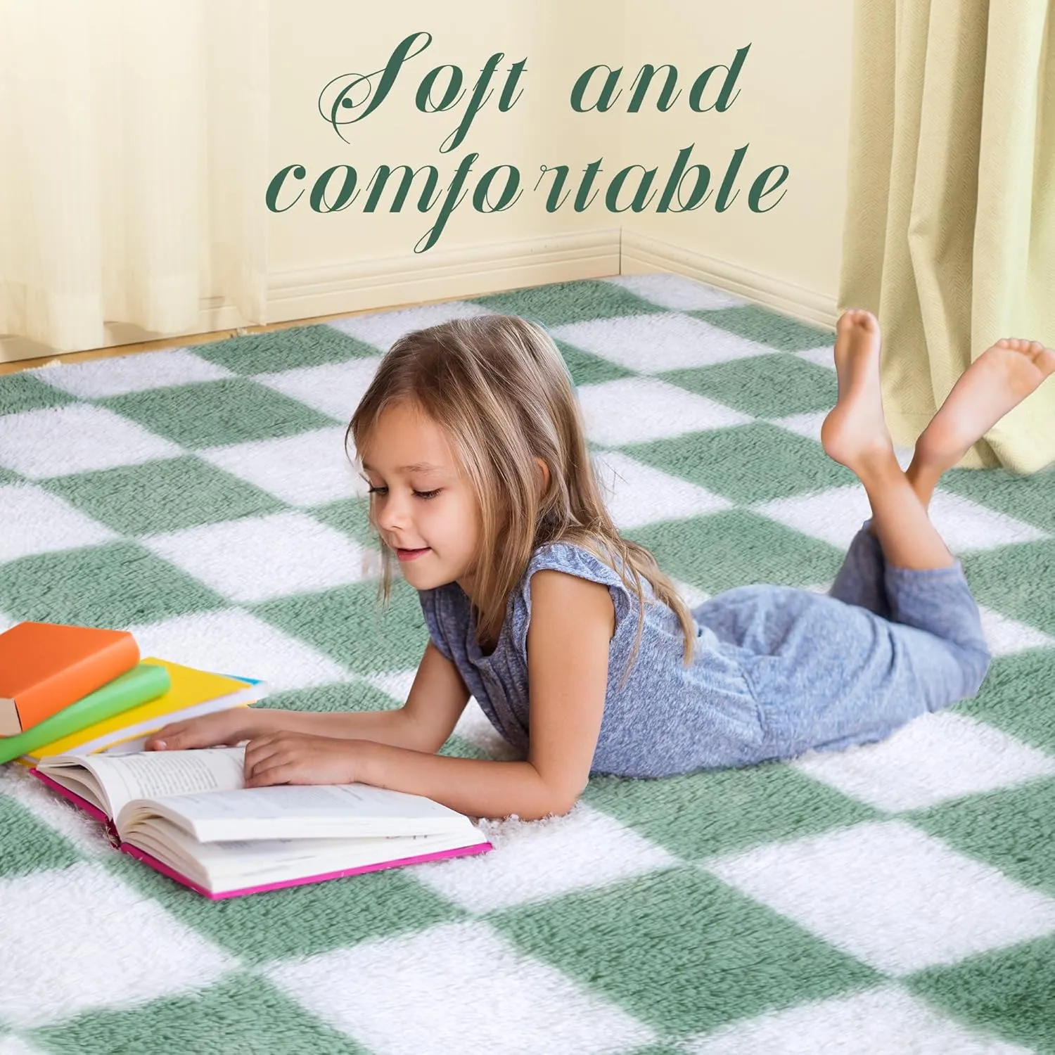 Super Soft Sage Green and White Area Rug, 5x7 ft Classic Checkered Shaggy High Pile Soft Fluffy Fuzzy Carpet for Bedroom, Living Room, Kids Room, Nursery, Dorm