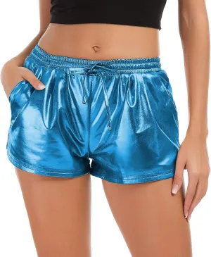Tandisk Women's Yoga Hot Shorts Shiny Metallic Pants with Elastic Drawstring
