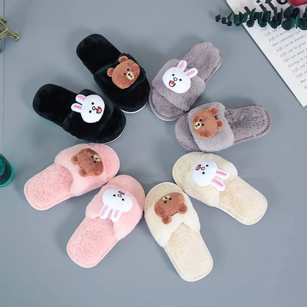 techcity Boys Girls Fuzzy House Slippers Cute Comfy Faux Fur Slip On Fluffy Plush Open Toe Home Slides for Kids Indoor Outdoor Warm Shoes