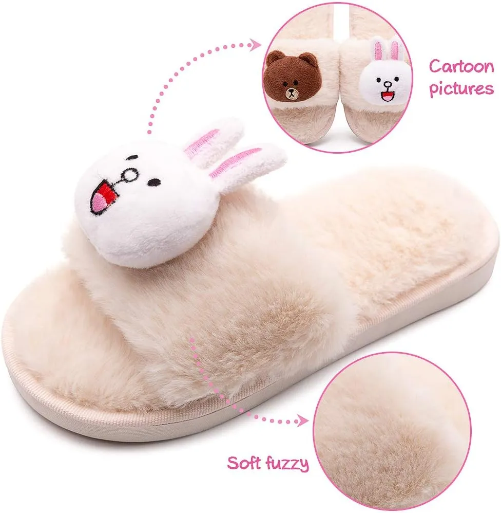 techcity Boys Girls Fuzzy House Slippers Cute Comfy Faux Fur Slip On Fluffy Plush Open Toe Home Slides for Kids Indoor Outdoor Warm Shoes