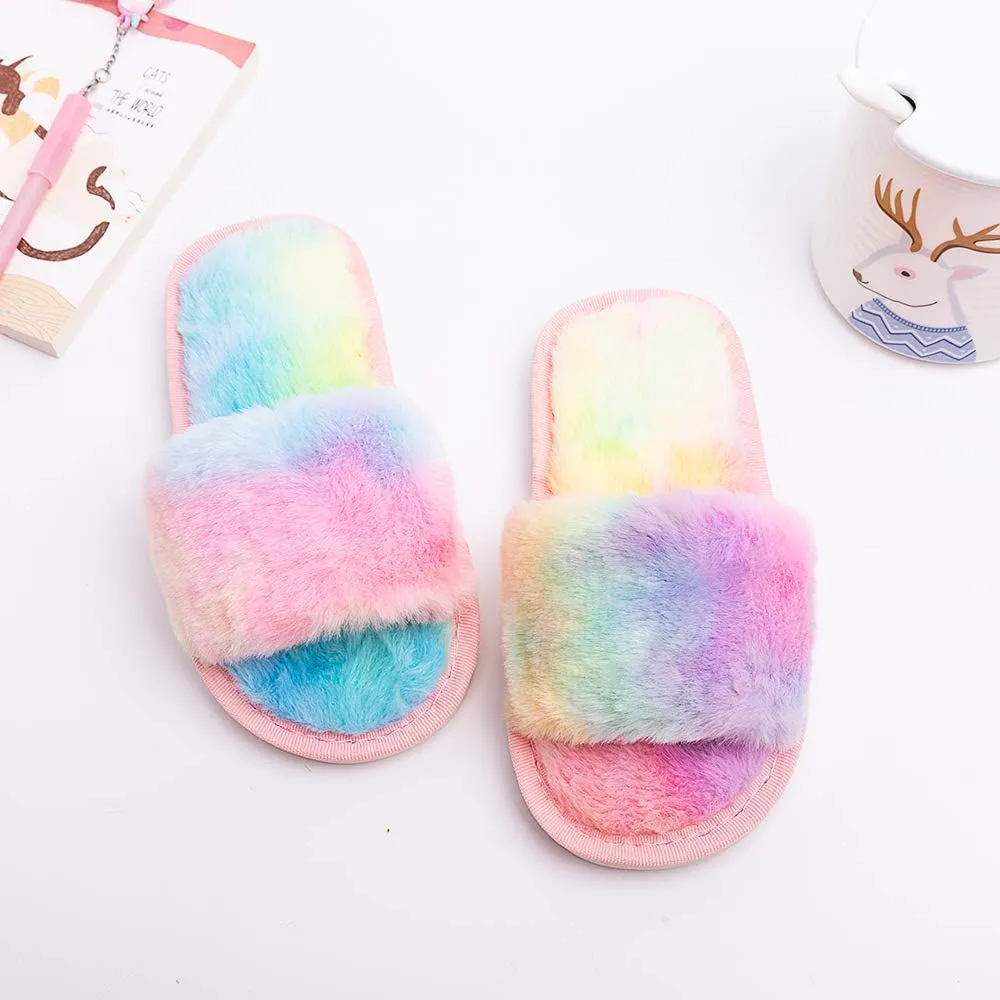 techcity Boys Girls Fuzzy House Slippers Cute Comfy Faux Fur Slip On Fluffy Plush Open Toe Home Slides for Kids Indoor Outdoor Warm Shoes