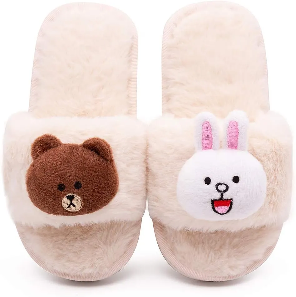 techcity Boys Girls Fuzzy House Slippers Cute Comfy Faux Fur Slip On Fluffy Plush Open Toe Home Slides for Kids Indoor Outdoor Warm Shoes