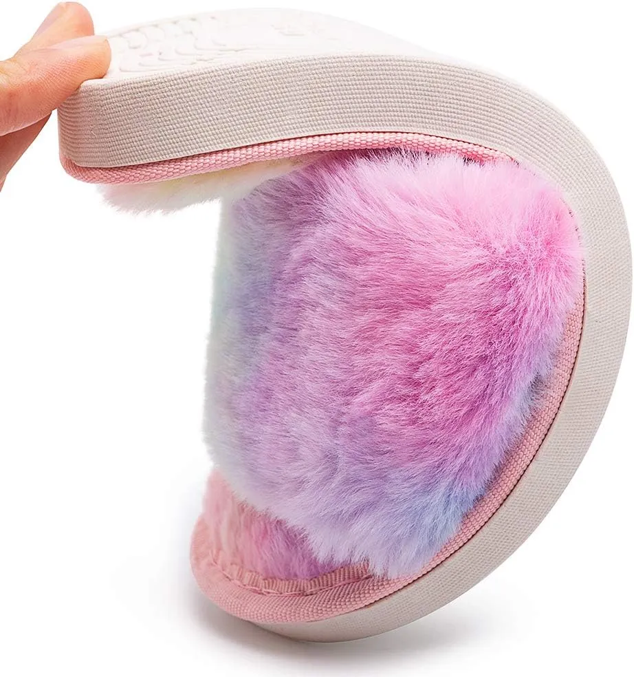techcity Boys Girls Fuzzy House Slippers Cute Comfy Faux Fur Slip On Fluffy Plush Open Toe Home Slides for Kids Indoor Outdoor Warm Shoes