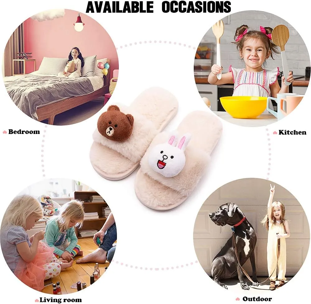 techcity Boys Girls Fuzzy House Slippers Cute Comfy Faux Fur Slip On Fluffy Plush Open Toe Home Slides for Kids Indoor Outdoor Warm Shoes