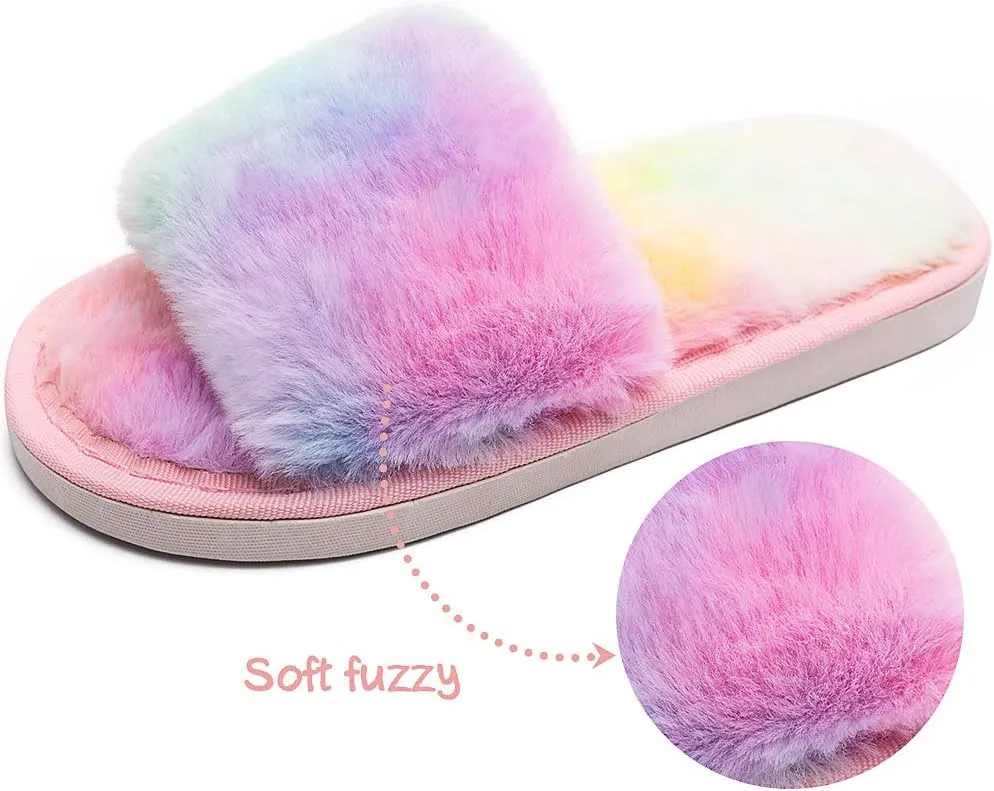 techcity Boys Girls Fuzzy House Slippers Cute Comfy Faux Fur Slip On Fluffy Plush Open Toe Home Slides for Kids Indoor Outdoor Warm Shoes