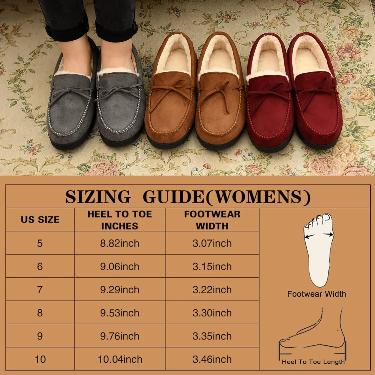 Temi Womens Moccasin House Slippers,Suede Memory Foam Warm Winter Cozy Bedroom Slippers for Women,Fuzzy Fur Soft Ladies Non-slip Indoor Houseshoes