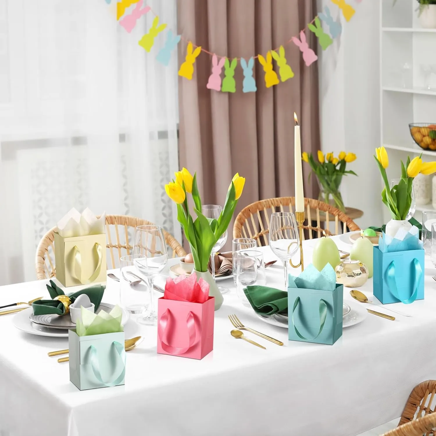 Tenare 12 Pcs Small Gift Bags Mini Paper Bag with Handle Tissue Happy Mother Father's Day Party Favor Supplies(4 x 2.75 x 4.5 Inch,Spring Colors)