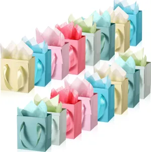 Tenare 12 Pcs Small Gift Bags Mini Paper Bag with Handle Tissue Happy Mother Father's Day Party Favor Supplies(4 x 2.75 x 4.5 Inch,Spring Colors)