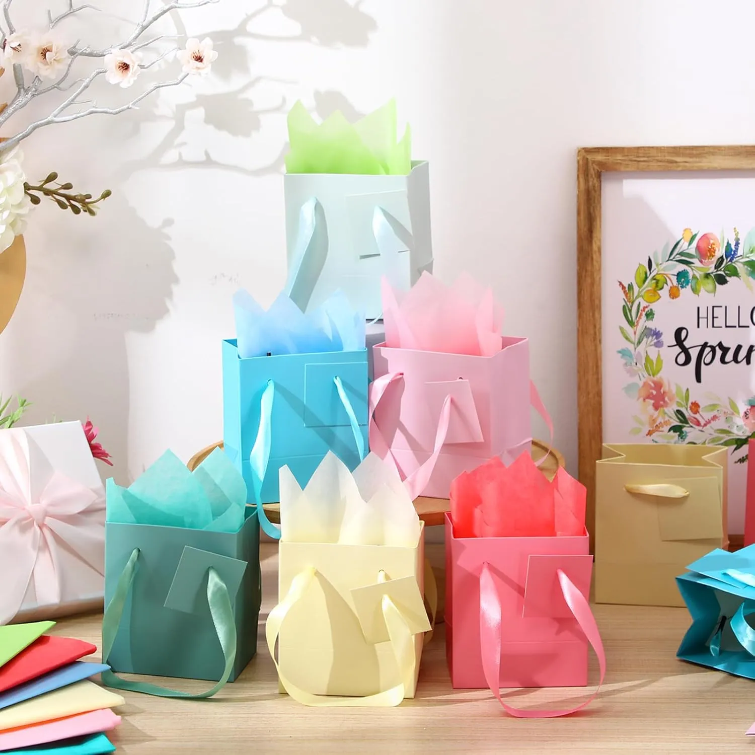 Tenare 12 Pcs Small Gift Bags Mini Paper Bag with Handle Tissue Happy Mother Father's Day Party Favor Supplies(4 x 2.75 x 4.5 Inch,Spring Colors)