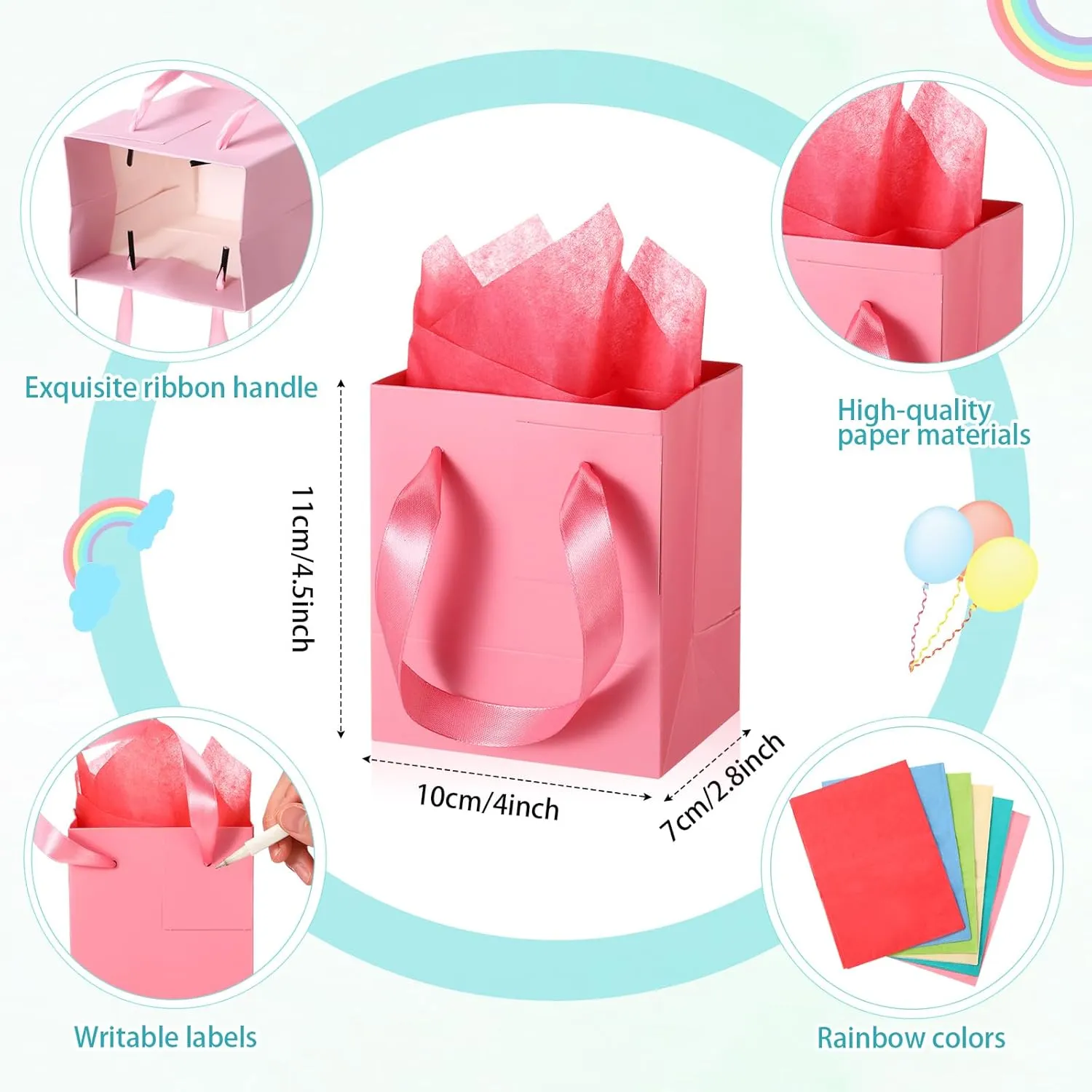 Tenare 12 Pcs Small Gift Bags Mini Paper Bag with Handle Tissue Happy Mother Father's Day Party Favor Supplies(4 x 2.75 x 4.5 Inch,Spring Colors)