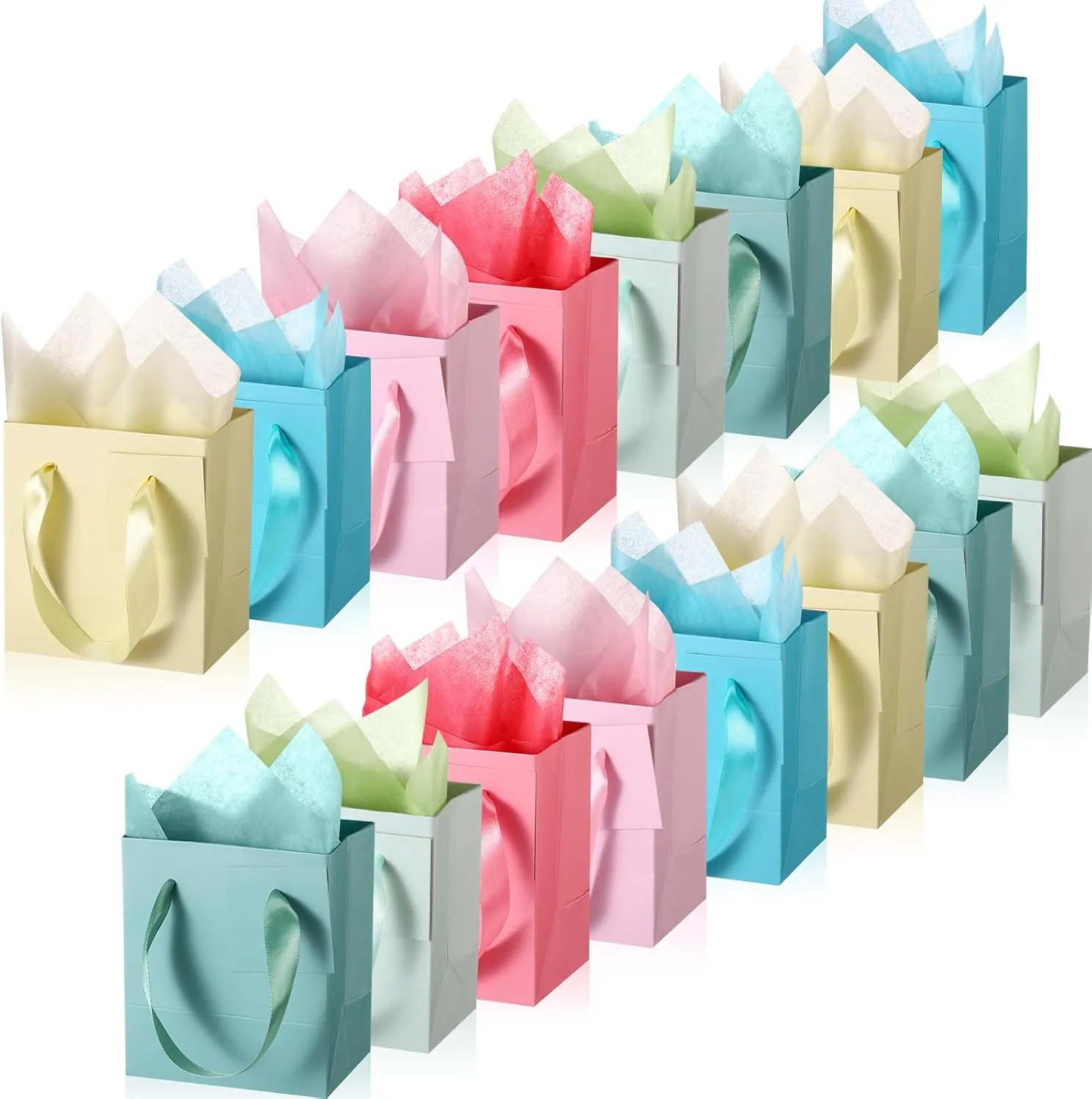 Tenare 12 Pcs Small Gift Bags Mini Paper Bag with Handle Tissue Happy Mother Father's Day Party Favor Supplies(4 x 2.75 x 4.5 Inch,Spring Colors)