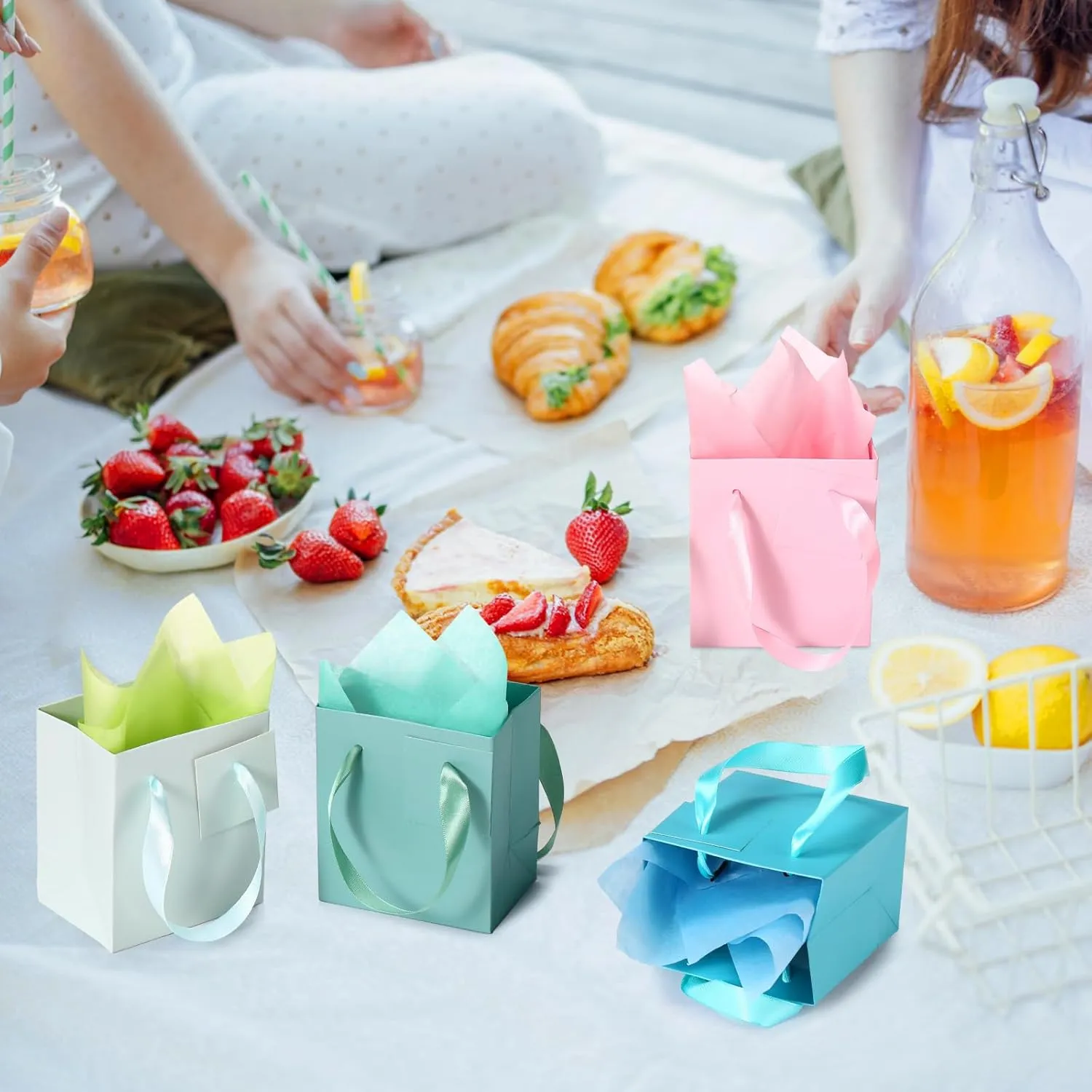 Tenare 12 Pcs Small Gift Bags Mini Paper Bag with Handle Tissue Happy Mother Father's Day Party Favor Supplies(4 x 2.75 x 4.5 Inch,Spring Colors)