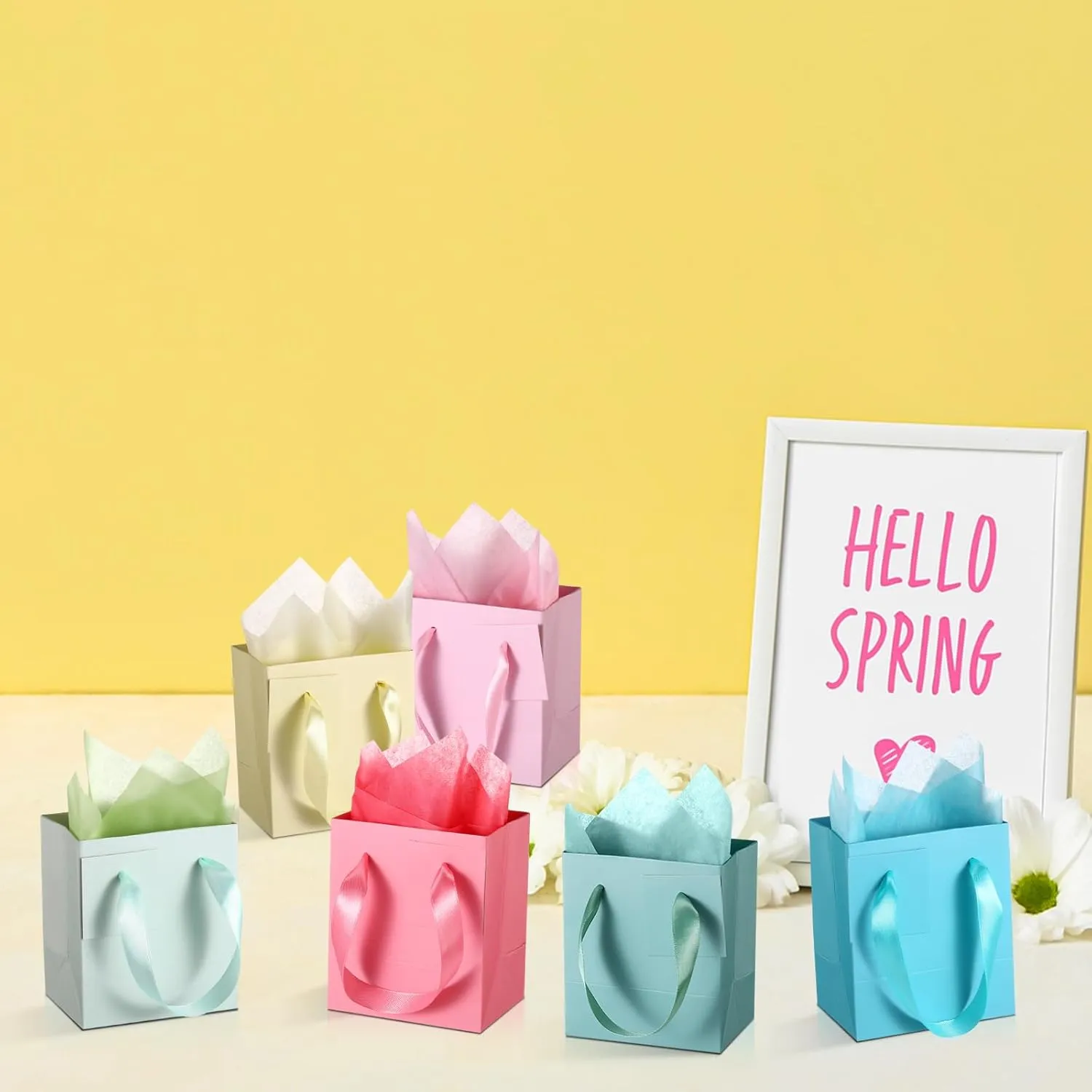 Tenare 12 Pcs Small Gift Bags Mini Paper Bag with Handle Tissue Happy Mother Father's Day Party Favor Supplies(4 x 2.75 x 4.5 Inch,Spring Colors)