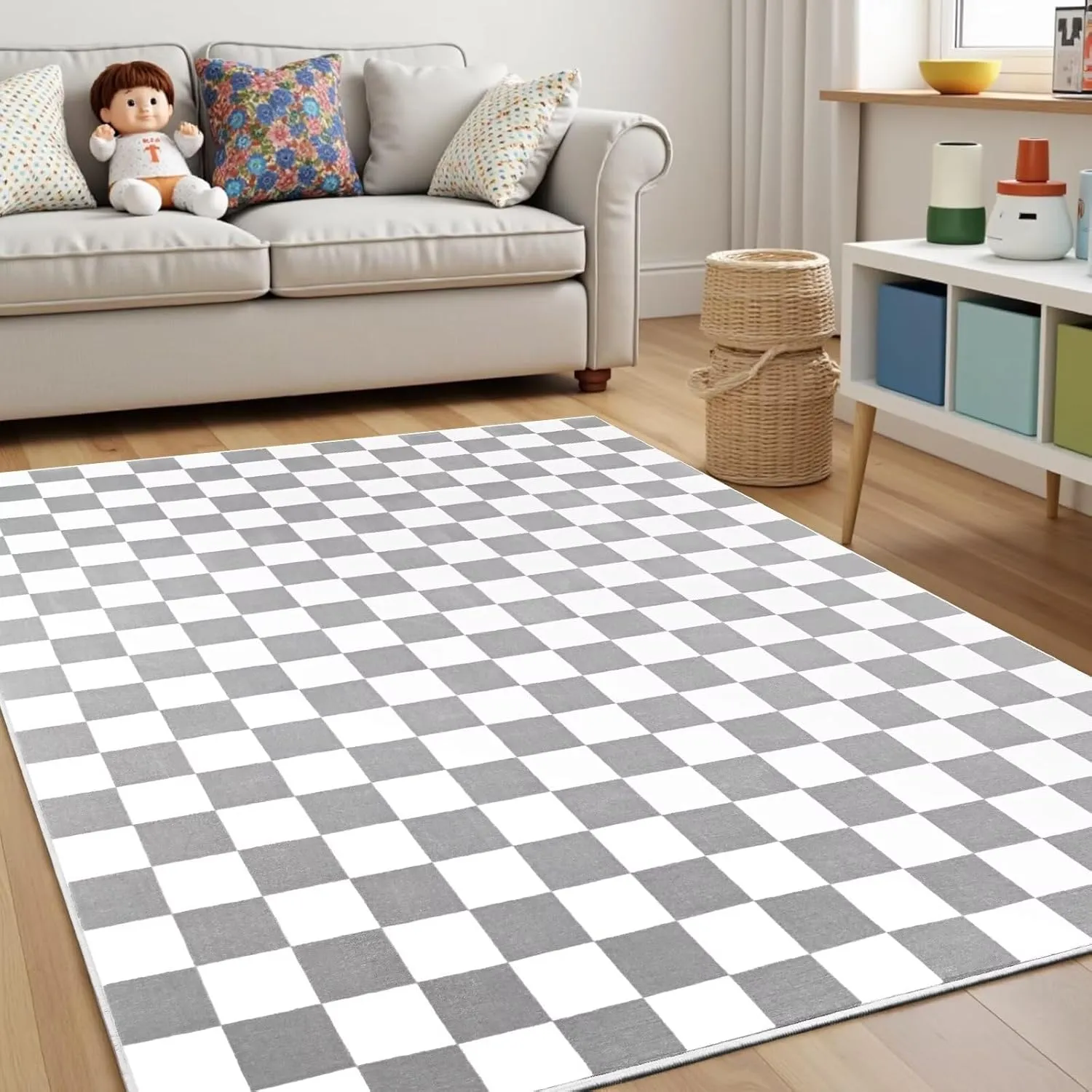 Terrug Grey and White Checkered Rug for Living Room Bedroom, 4x6 Soft Washable Area Rug with Non Slip, Low Pile Stain Resistance Carpet for Kids Room Entryway Kitchen Dorm