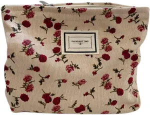 Travel Checkered Makeup Bag, Corduroy Cosmetic Bag for Purse, Small Cosmetic Zipper Pouch Cute Travel Checkered Makeup Bag Gift for Women,Girls (beige flower)
