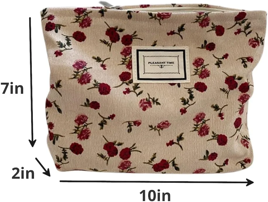 Travel Checkered Makeup Bag, Corduroy Cosmetic Bag for Purse, Small Cosmetic Zipper Pouch Cute Travel Checkered Makeup Bag Gift for Women,Girls (beige flower)