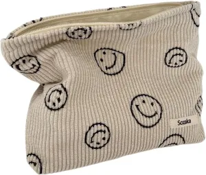 Travel Checkered Makeup Bag, Corduroy Cosmetic Bag for Purse, Small Cosmetic Zipper Pouch Cute Travel Checkered Makeup Bag Gift for Women,Girls (beige smile)