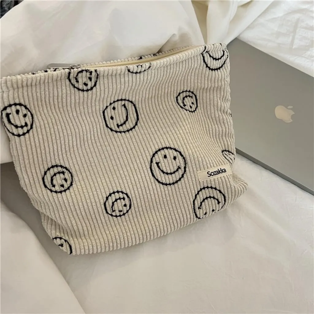 Travel Checkered Makeup Bag, Corduroy Cosmetic Bag for Purse, Small Cosmetic Zipper Pouch Cute Travel Checkered Makeup Bag Gift for Women,Girls (beige smile)