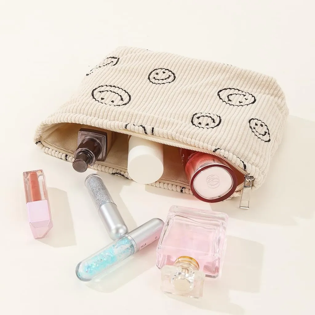 Travel Checkered Makeup Bag, Corduroy Cosmetic Bag for Purse, Small Cosmetic Zipper Pouch Cute Travel Checkered Makeup Bag Gift for Women,Girls (beige smile)