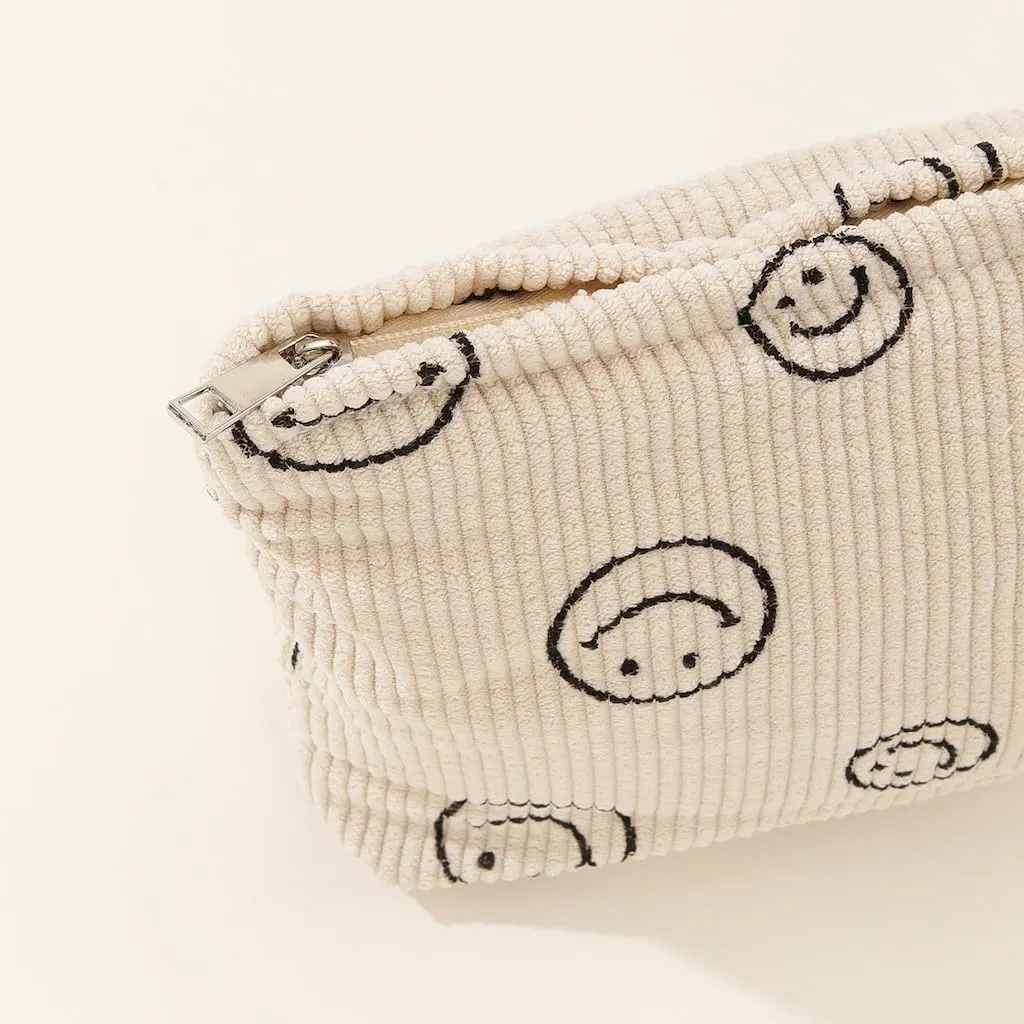 Travel Checkered Makeup Bag, Corduroy Cosmetic Bag for Purse, Small Cosmetic Zipper Pouch Cute Travel Checkered Makeup Bag Gift for Women,Girls (beige smile)