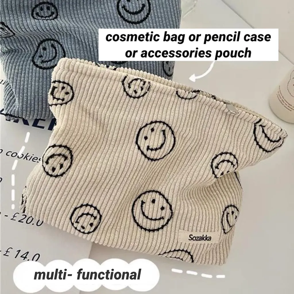 Travel Checkered Makeup Bag, Corduroy Cosmetic Bag for Purse, Small Cosmetic Zipper Pouch Cute Travel Checkered Makeup Bag Gift for Women,Girls (beige smile)