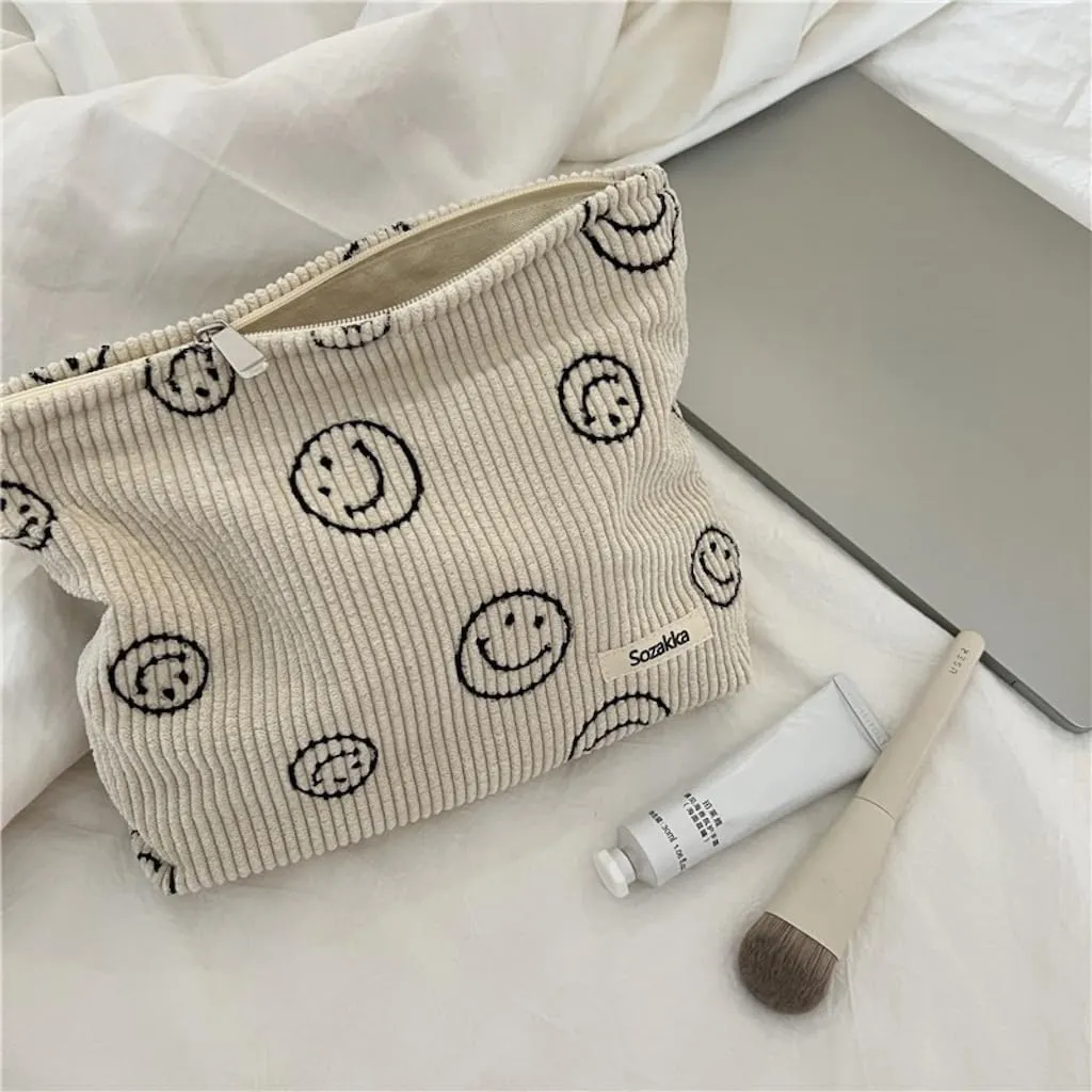Travel Checkered Makeup Bag, Corduroy Cosmetic Bag for Purse, Small Cosmetic Zipper Pouch Cute Travel Checkered Makeup Bag Gift for Women,Girls (beige smile)
