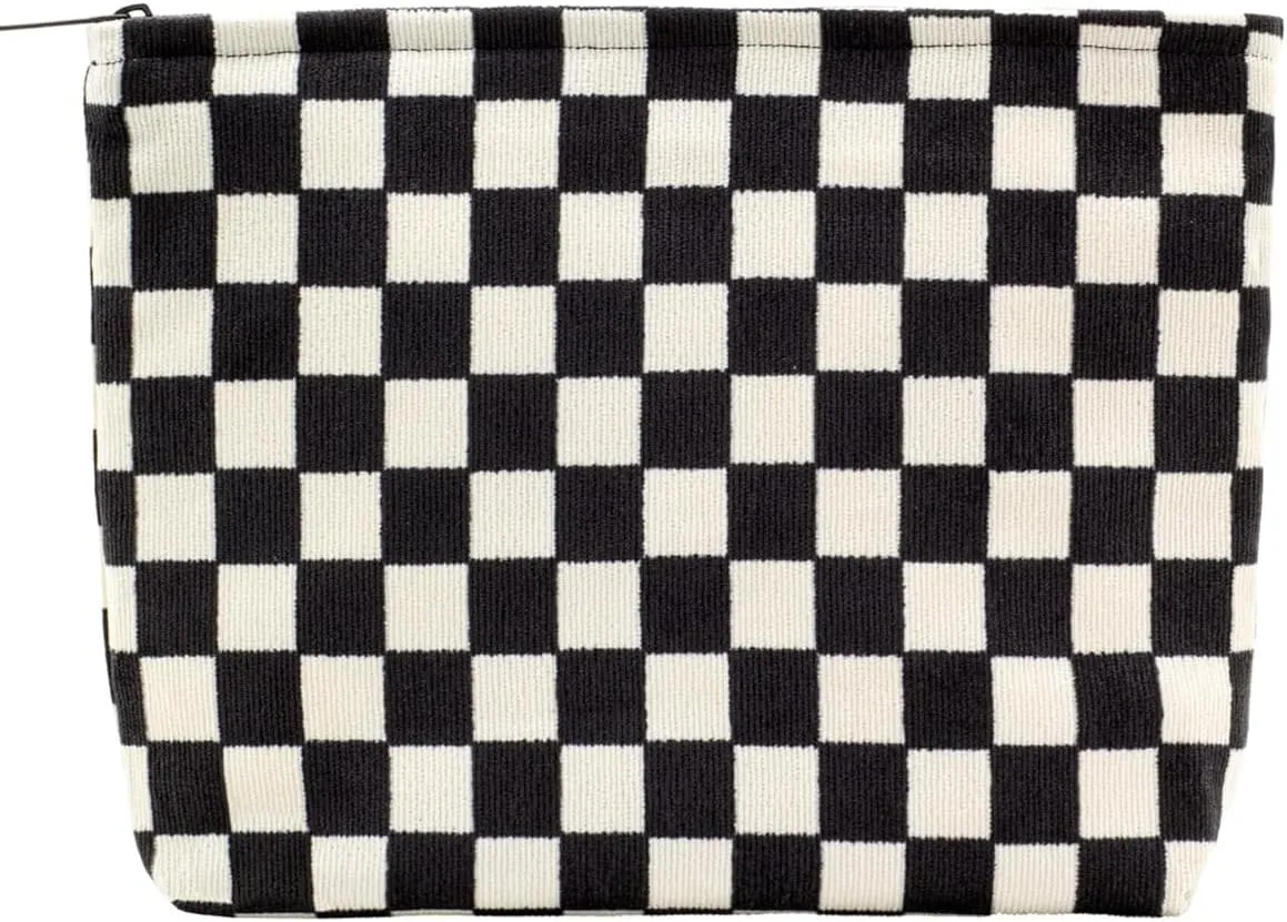 Travel Checkered Makeup Bag, Corduroy Cosmetic Bag for Purse, Small Cosmetic Zipper Pouch Cute Travel Checkered Makeup Bag Gift for Women,Girls (black)