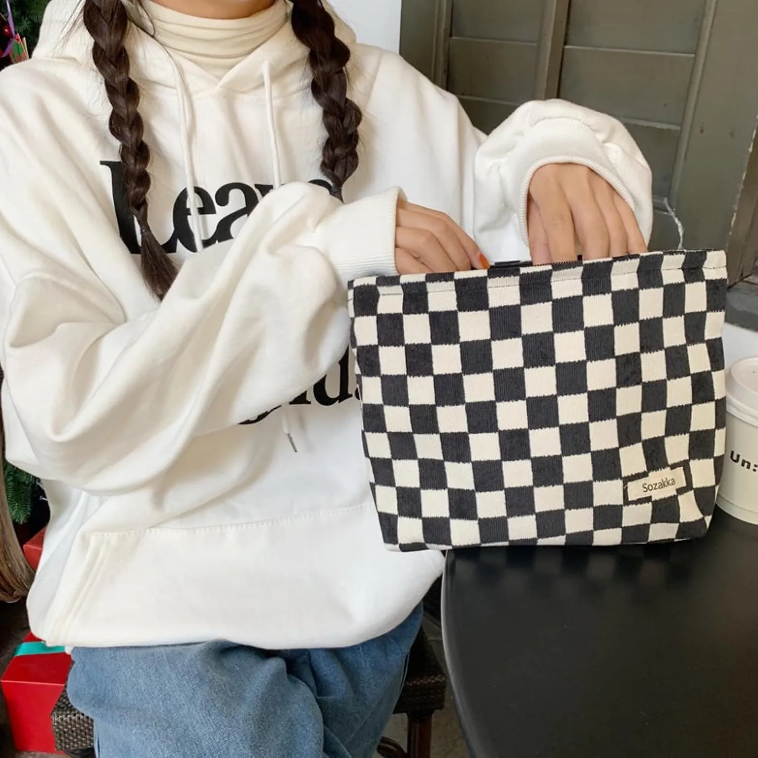 Travel Checkered Makeup Bag, Corduroy Cosmetic Bag for Purse, Small Cosmetic Zipper Pouch Cute Travel Checkered Makeup Bag Gift for Women,Girls (black)