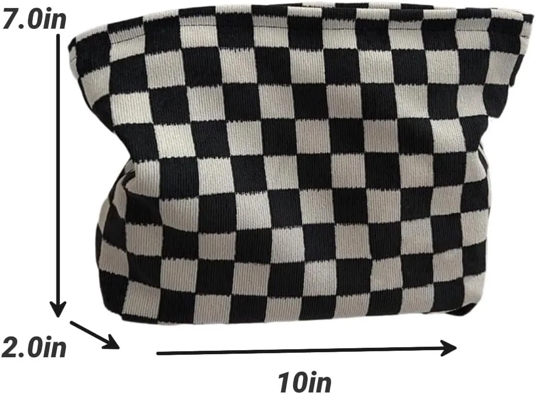 Travel Checkered Makeup Bag, Corduroy Cosmetic Bag for Purse, Small Cosmetic Zipper Pouch Cute Travel Checkered Makeup Bag Gift for Women,Girls (black)