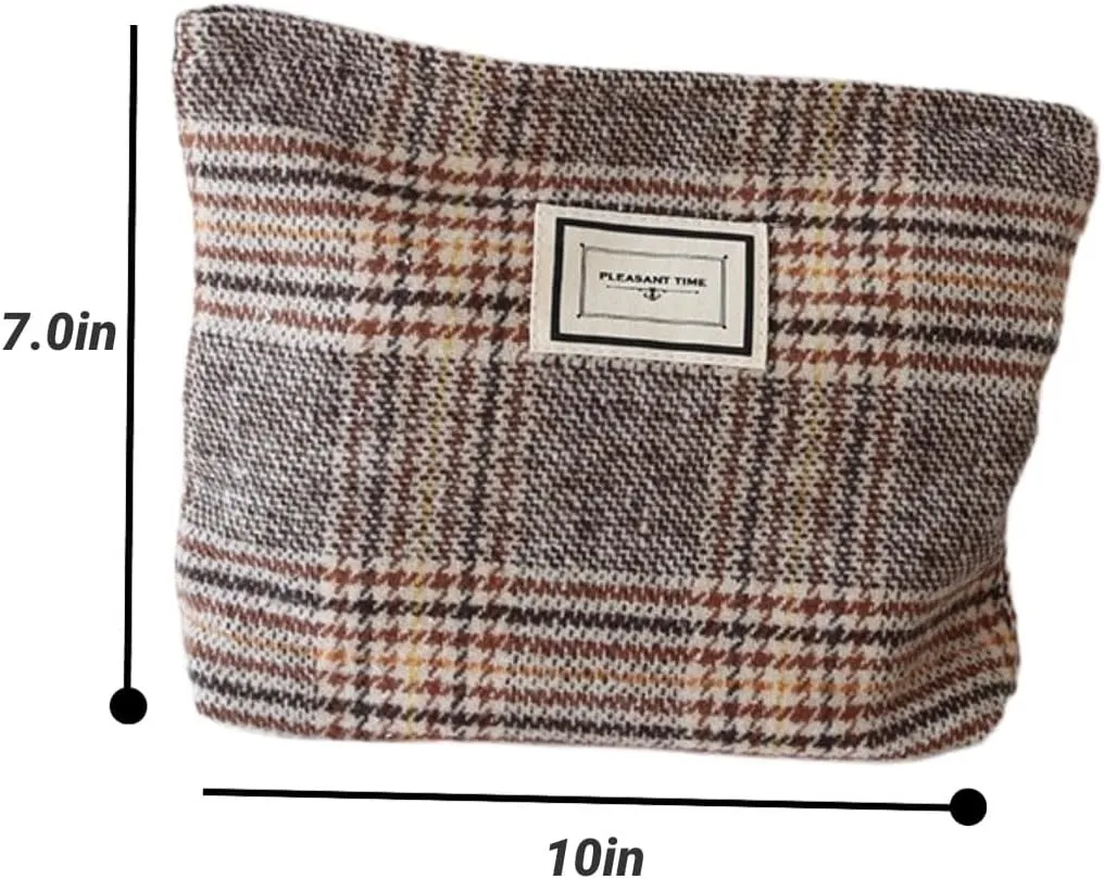 Travel Checkered Makeup Bag, Corduroy Cosmetic Bag for Purse, Small Cosmetic Zipper Pouch Cute Travel Checkered Makeup Bag Gift for Women,Girls (england brown)