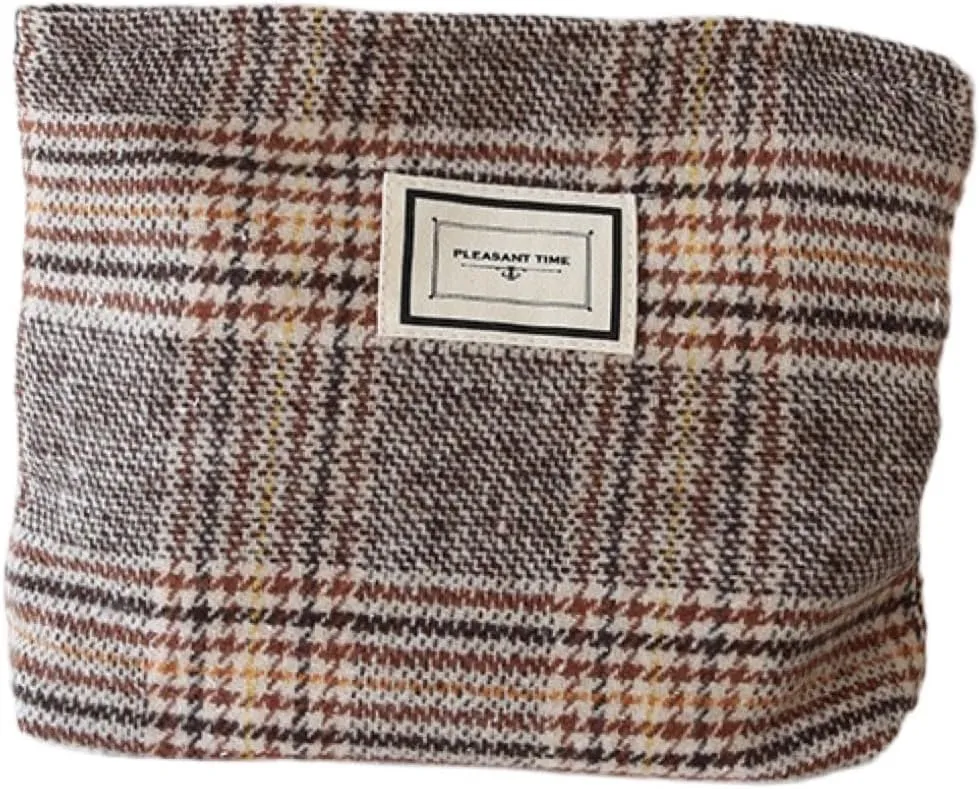 Travel Checkered Makeup Bag, Corduroy Cosmetic Bag for Purse, Small Cosmetic Zipper Pouch Cute Travel Checkered Makeup Bag Gift for Women,Girls (england brown)