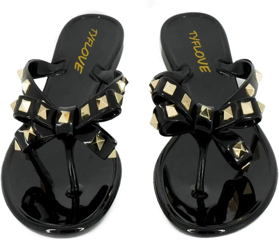 TYFLOVE Women Rivet Flip Flops Studded Jelly Thong Sandals with Bow Summer Bowtie Flat Beach Rain Shoes
