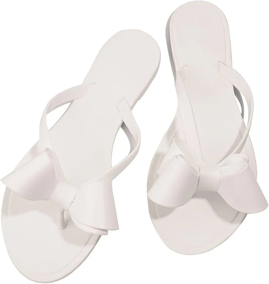 TYFLOVE Women Rivet Flip Flops Studded Jelly Thong Sandals with Bow Summer Bowtie Flat Beach Rain Shoes