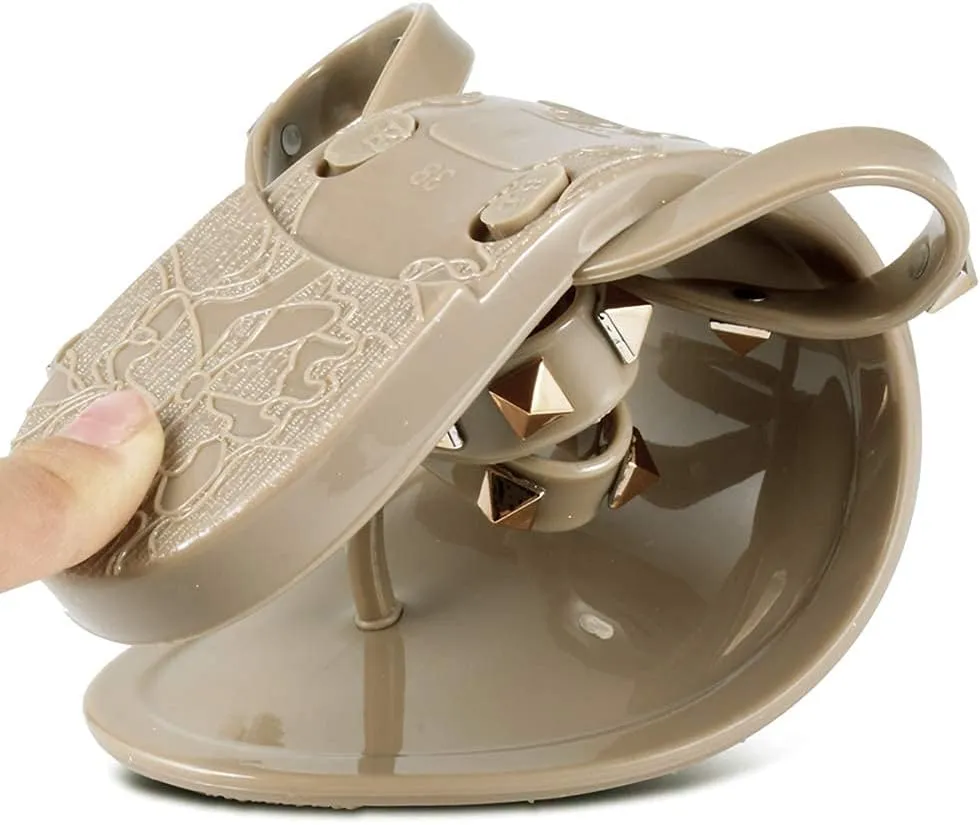 TYFLOVE Women Rivet Flip Flops Studded Jelly Thong Sandals with Bow Summer Bowtie Flat Beach Rain Shoes