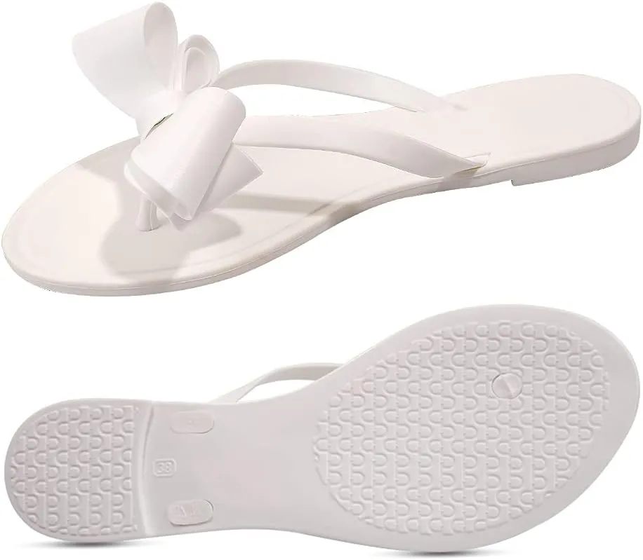 TYFLOVE Women Rivet Flip Flops Studded Jelly Thong Sandals with Bow Summer Bowtie Flat Beach Rain Shoes