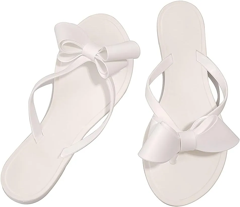 TYFLOVE Women Rivet Flip Flops Studded Jelly Thong Sandals with Bow Summer Bowtie Flat Beach Rain Shoes