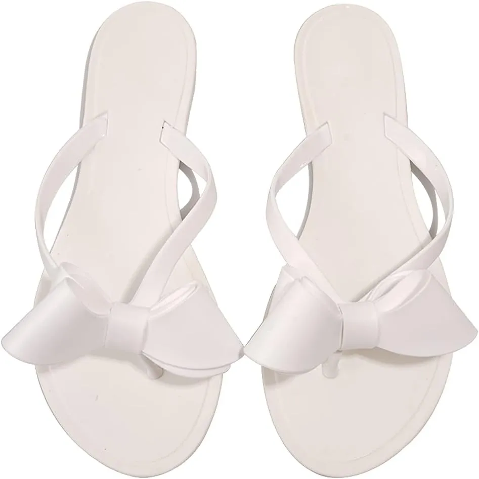 TYFLOVE Women Rivet Flip Flops Studded Jelly Thong Sandals with Bow Summer Bowtie Flat Beach Rain Shoes